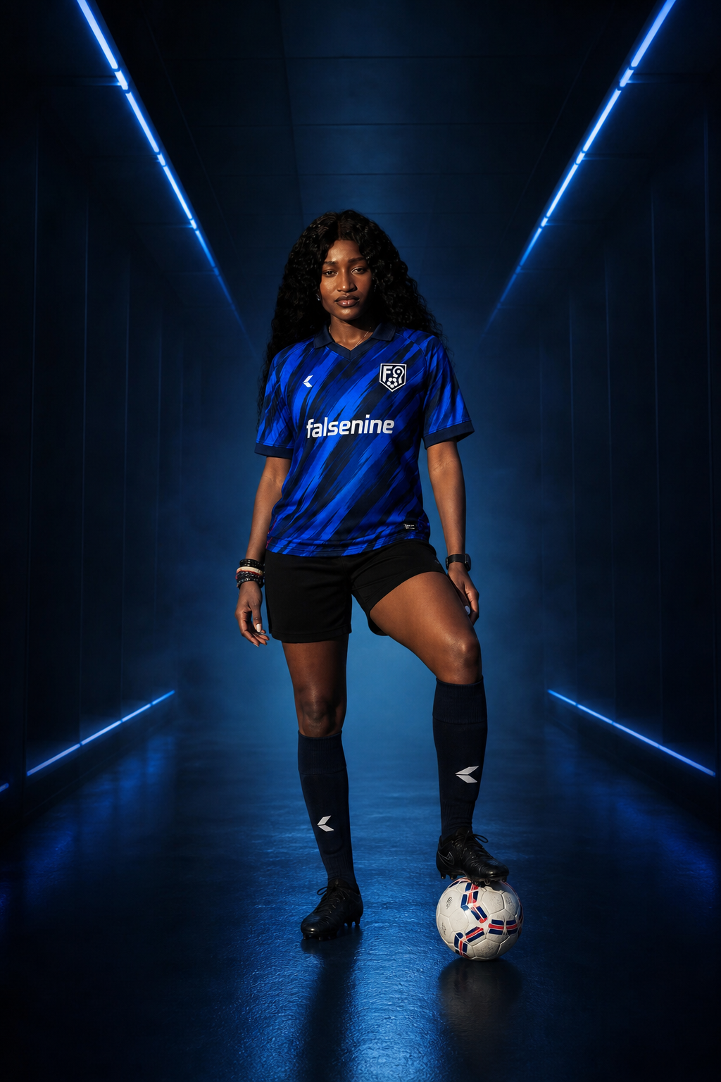 Model mengenakan jersey BLUE TEAM Falsenine