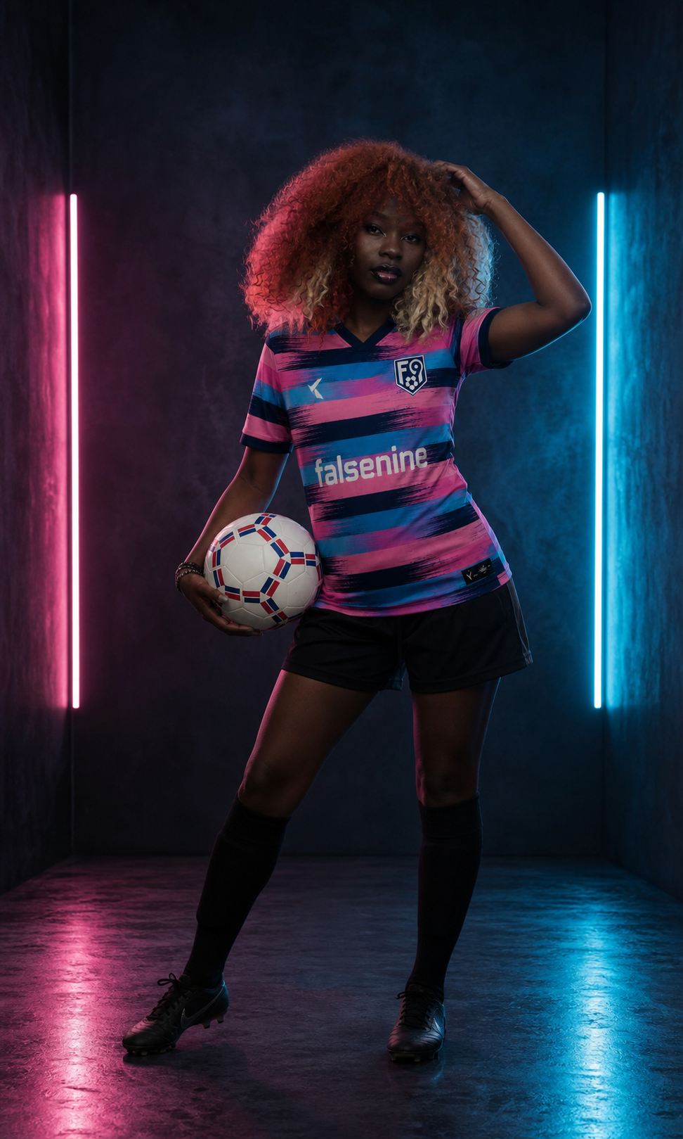 Model mengenakan jersey PINK TEAM Falsenine